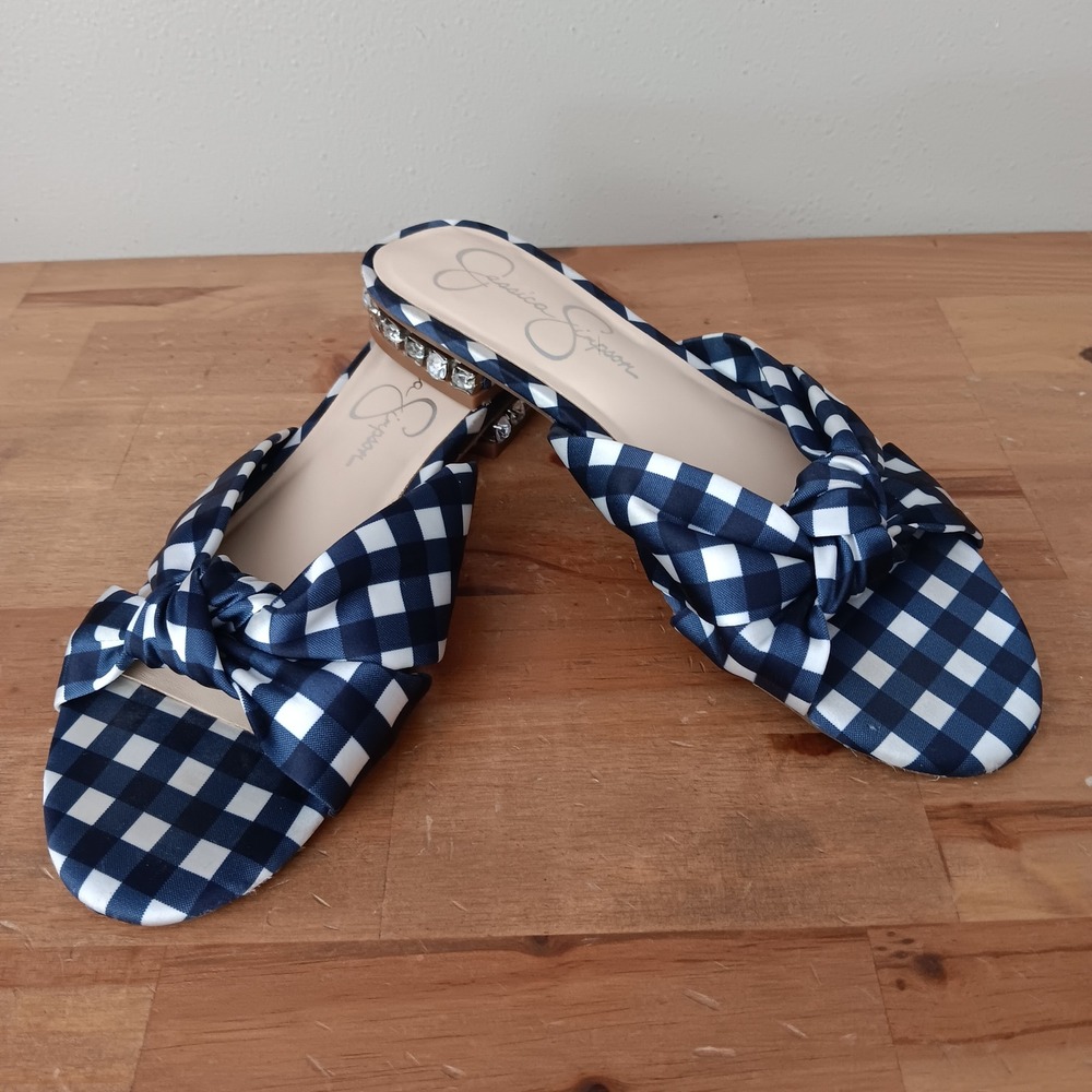 Jessica Simpson Gingham Knot Slide Sandals Womens 6M Navy White Rhinestone